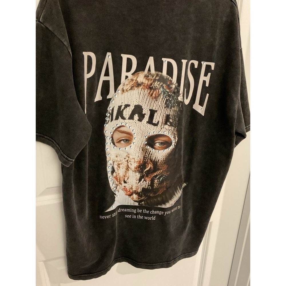 PARADISE Graphic T Shirt‎ Mens Black Washed Oversized Fit Size L